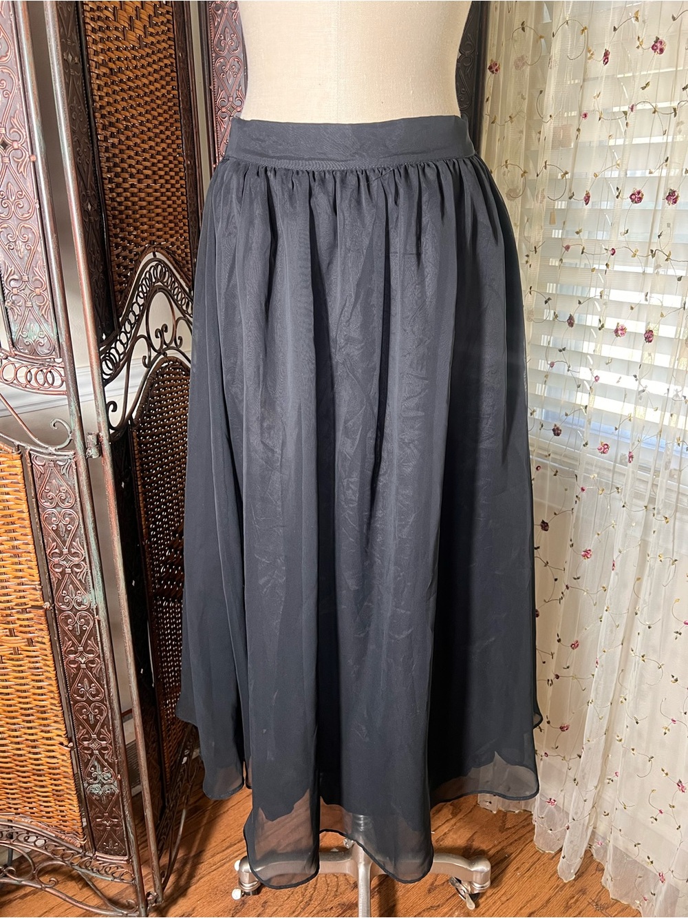 Vintage Elegant Black Maxi Skirt with Gathered Elastic Waist